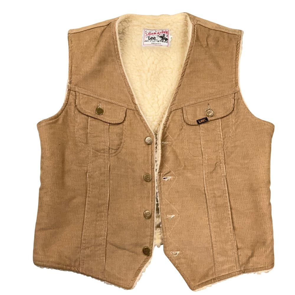 Lee Storm Rider Vest Mens M Tan Corduroy Sherpa Lined Americana Retro 70s Farm